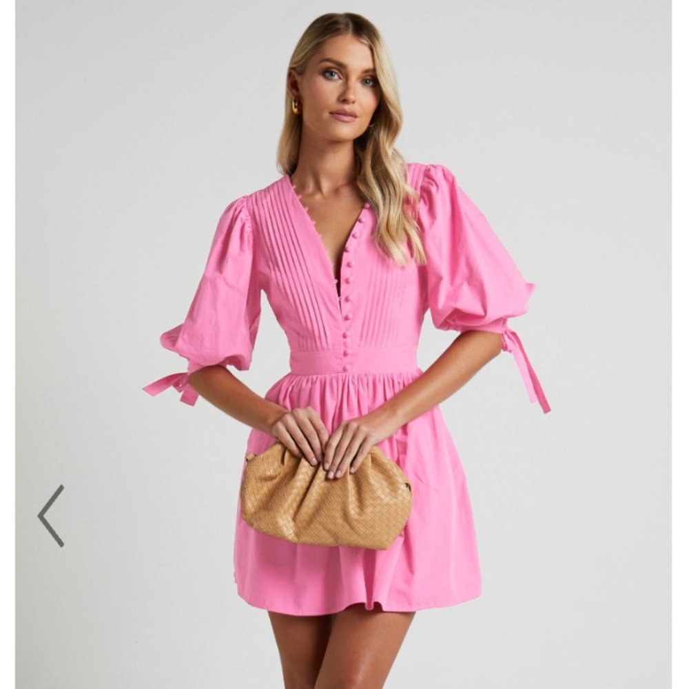 Showpo Zandra Mini Dress - Puff Sleeve Poplin Dress In Ice Pink - Sizes 0,4